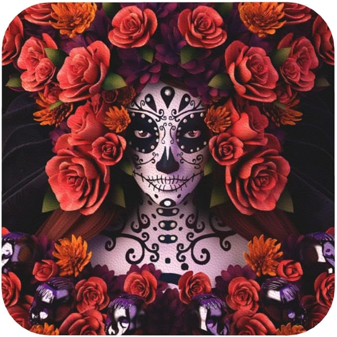 Day of The Dead Sugar Roses Skull Printed Coasters for Drinks, Cute Coffee Table Coasters, Set of 6, Dining Warming Gifts for New Home Square Coasters, Personalized Home Decor - skull coaster