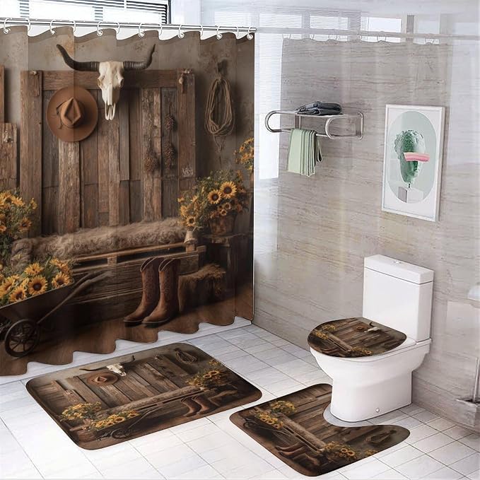 4PCS Western Farmhouse Shower Curtain Set with Rugs, Non-Slip Bath Mat & Toilet Cover, Waterproof Skull Rustic Cowboy Boots Hat Bathroom Set Decor - skull toilet mat