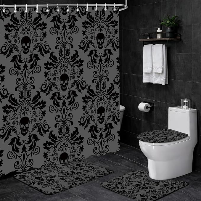 4PCS Black Gothic Shower Curtains Set，Vintage Baroque Floral Exotic Skull Damask Bathroom Curtains Decor Set with Non-Slip Rugs, Toilet Lid Cover and Bath Mat, 12 Hooks 72X72IN
