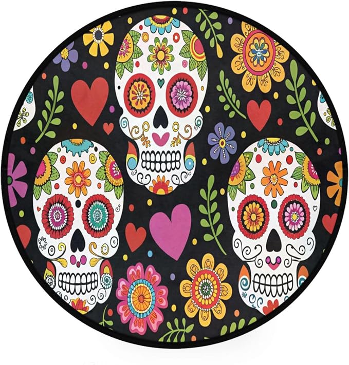 Mexican Sugar Skull Flower Round Rug Non-Slip 3ft Area Rugs Low Pile Circle Carpet for Bedroom Living Room Indoor Decor Floor Mat - skull carpet