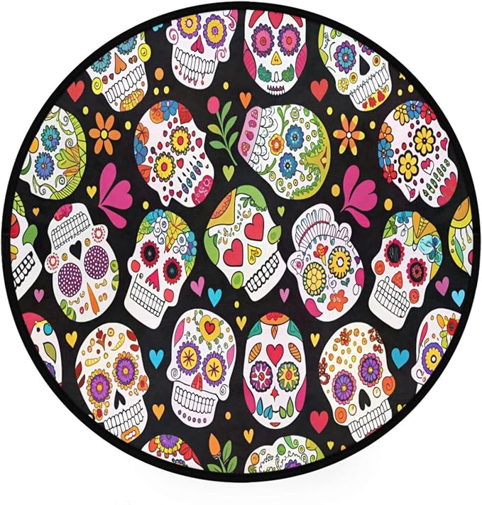 Mexican Sugar Skull Flower Round Rug Non-Slip 3ft Area Rugs Low Pile Circle Carpet for Bedroom Living Room Indoor Decor Floor Mat - skull carpet