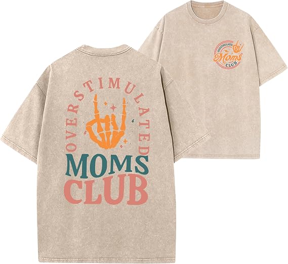 Women’s Overstimulated Moms Club Shirt Vintage Washed Mom Tee Mama Crew Neck Shirt Casual Short Sleeve Tee Tops - skull tshirt