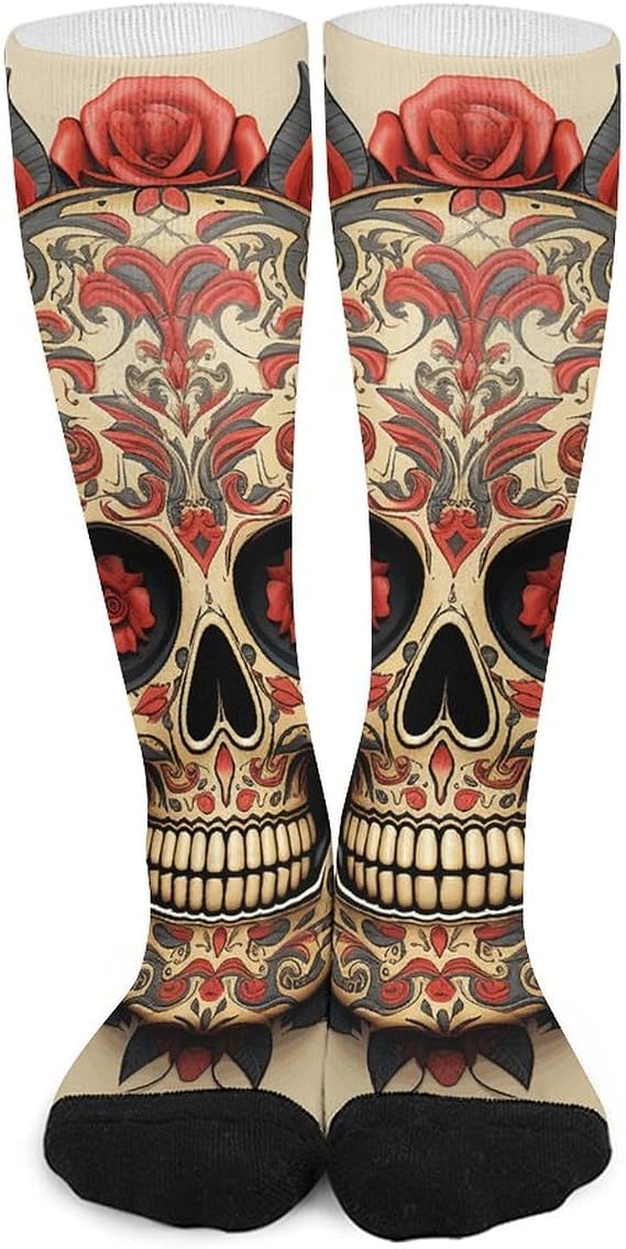 Red Rose Sugar Skull Calf Work Socks for Men, Athletic Crew Sock for Women, Breathable High Boot Socks - sugar skull costume