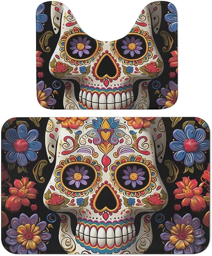 Sugar Skulls Bathroom Rug Set Soft Bath Rug Toilet Mat U-Shaped Bath Rugs Quickly Dry Mat for Bathroom, Tub, Washable, Super Absorbent Floor Mats 15.7"x23.6" - skull toilet rug