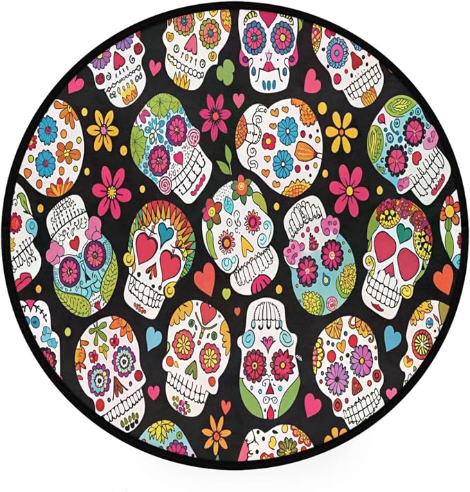 Mexican Sugar Skull Flower Round Rug Non-Slip 3ft Area Rugs Low Pile Circle Carpet for Bedroom Living Room Indoor Decor Floor Mat - skull carpet
