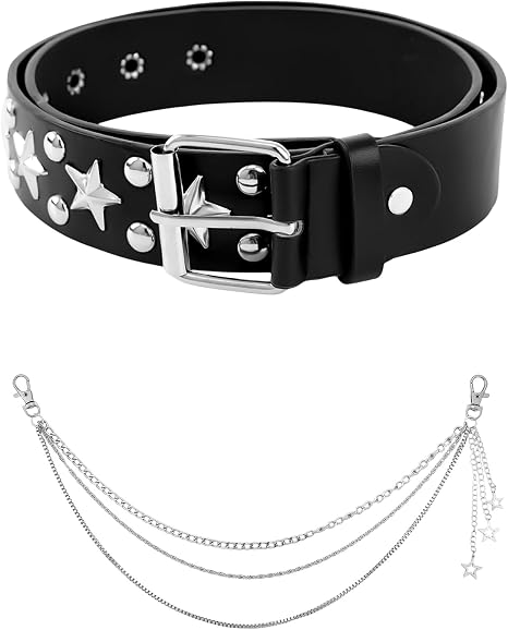 Punk Belt with Pants Chain - 2Pcs Grunge Accessories for Women Men, Aesthetic Metal Gothic Rock Belt Set for Jean - skull wallet