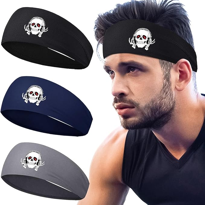 3 Pcs Sweat Bands Headbands for Men Skull Sports Workout Headband Head Sweat Bands for Men - skull headband