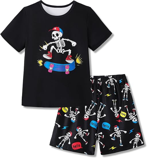 Mikrdoo Boys Pajamas Short Sleeve Summer Cool PJs Set 2-Piece Cozy Sleepwear for Kids Size 6-16 Years - skull pajamas