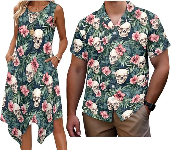 Men and Women Matching Outfits Womens Tank Flowy Dresses Asymmetrical Dress Men's Button Down Short Sleeve Shirts - sugar skull dress