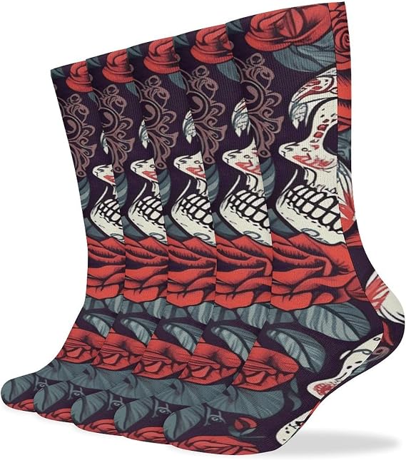 Sugar Skulls And Red Roses Socks 5 Pairs Soft High Boot Socks for Women Breathable Casual Calf Sock Winter Long Crew Sock - sugar skull costume