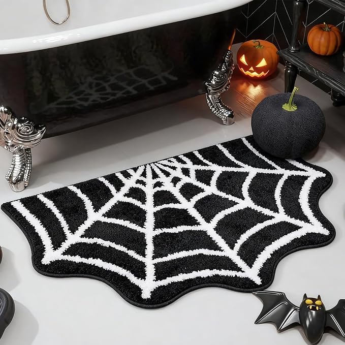 Spider Web Bath Mat, 31×20″ Halloween Bathroom Rug Non-Slip Spiderweb Rug Machine Washable Goth Area Rugs for Front Door Spooky Home Decor