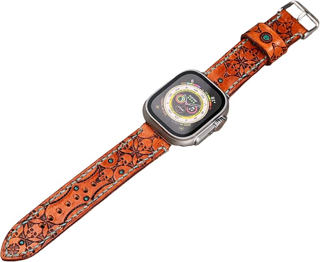 Leather Band for Apple Watch, Floral Skull Boho, Handmade Vegetable-Tanned, Hand-Stitched Saddle Stitch, Compatible with Apple Watch 42mm/44mm/45mm/46mm, for Men and Women - skull watch