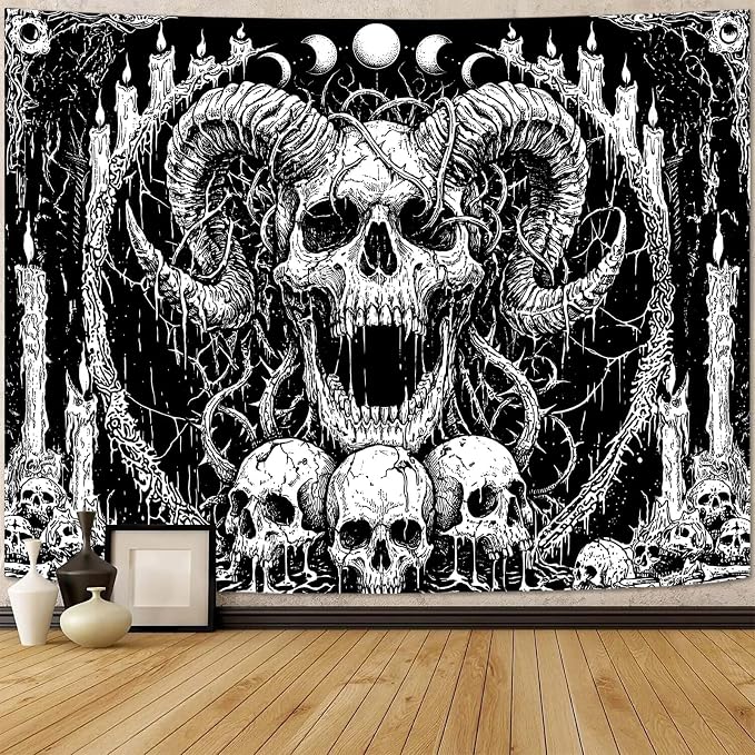 Gruaoihy Gothic Skull Tapestry, Horror Moon Phase Dark Death Wall Art for Bedroom Grunge Room Decor, Black and White 36×48 inches
