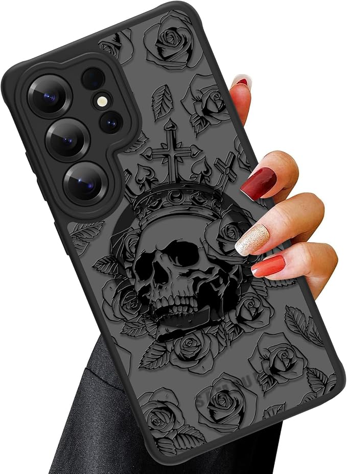 OOK Magnetic for Samsung Galaxy S26 Ultra Case Black Skull Flower Pattern