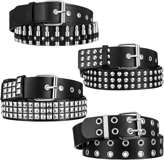 4 Piece Black Studded Belt Set - Adjustable Faux Leather Gothic Punk Belts with Rivets for Men & Women - skull wallet