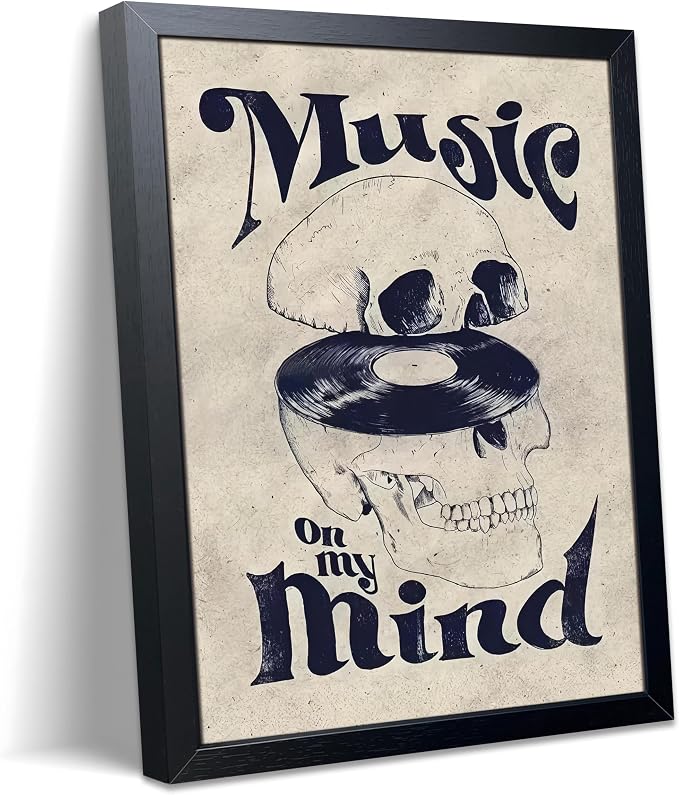 Gothic Music Posters Wall Art, Vintage Skull With Vinyl Record Wall Decor, Music on My Mind Skull Canvas Print Painting for Living Room Bedroom Studio Music Lover Home Decor 8X10 Inch Framed - skull painting