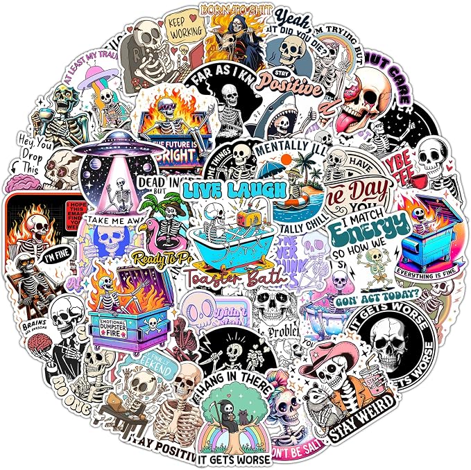 Skeleton Stickers – 50 Pcs Funny Sarcastic Skeleton Stickers for Adults, Xray Sticker Waterproof Decals for Water Bottles Laptop Luggage Computer Scrapbooking, Funny Party Birthday Decorations