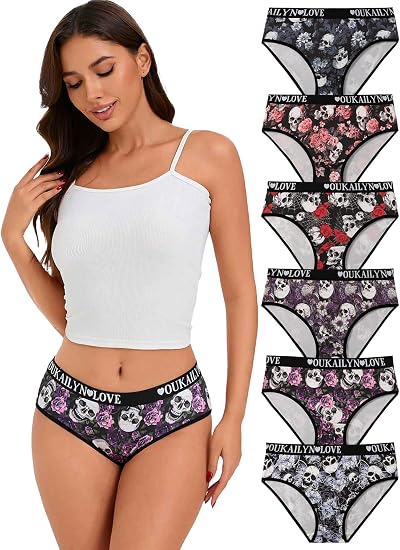 6-Pack Gothic Thong Panties, Skull & Rose Print Lace Trim Sexy Alt Underwear, Low Rise Emo T-Back Briefs - skull swimsuit