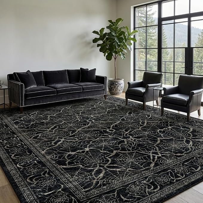 8X10 Area Rugs for Living Room, Gothic Black and White Spider Web Rugs, Machine Washable Non Slip Low Pile for Kids Room,Bedroom, Dining Room