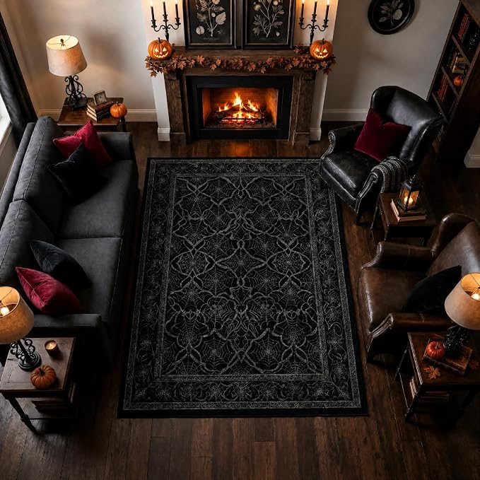 5×7 Area Rug for Living Room, Gothic Black Spider Web Rug, Machine Washable Non-Slip Low Pile Faux Cashmere Carpet for Bedroom, Dining Room, Teen Room Decor