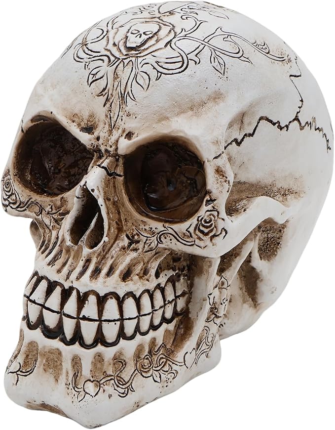 Gothic Rose Skull Statue - Life Size White Resin Skull Head Decor with Intricate Floral Carvings, Vintage Gothic Home Decor, Unique Sculpture for Desk, Bookshelf, Halloween - skull figurine