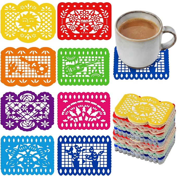 HunnmingRe 24 Pcs Fiesta Coasters for Mexican Table Protection with Papel Picado 4 Inches Absorbent Drinks Coasters for Cinco De Mayo Kitchen Decoration Taco Party Gifts Seder Decoration - skull coaster