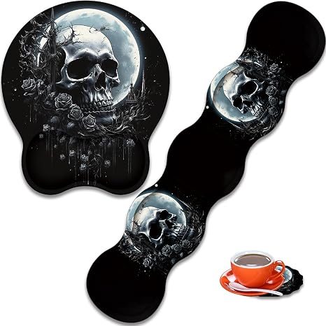 Mouse Wrist Rest and Keyboard Wrist Rest Pad+ Coaster Set, Non-Slip Rubber Base Smooth Surface Ergonomic Gaming Mouse Pad for Easy Typing and Pain Relief, Skull Rose Under The Moon - skull coaster