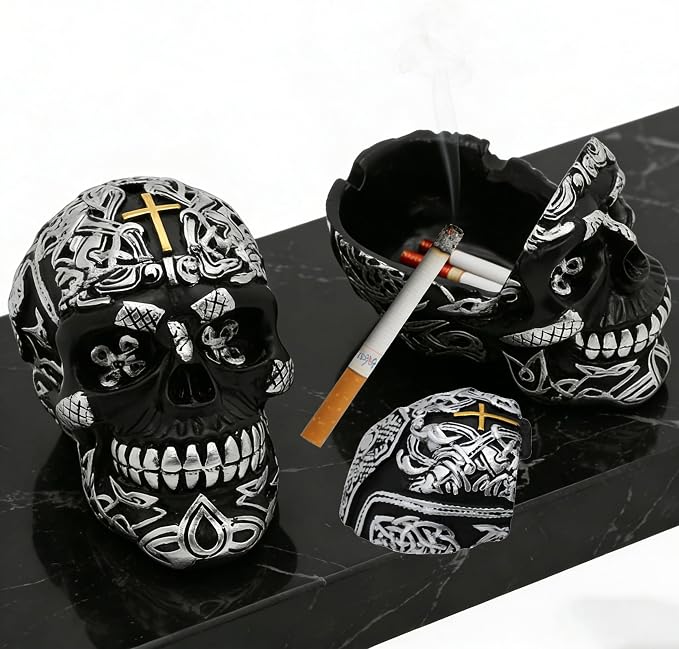 Cross Skull Ashtray with Lid – Windproof Tabletop Resin Cigarette Ash Tray for Home Office Tabletop Outside or Inside Patio Outdoor