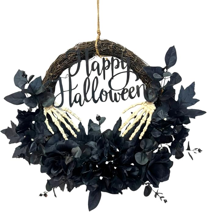 20 Inch Pre-Lit Black Halloween Wreath with Timer and Flowers, LEDs - skull wreath