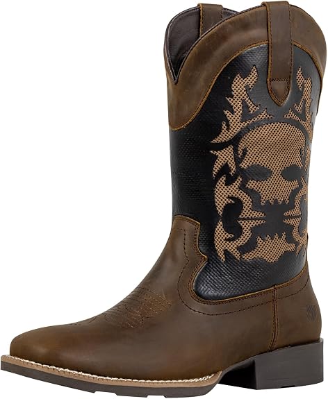 Cowboy Boots for Men Square Toe Western Boot Pull On Brown Leather Boots Skull Embroidery Work Classic Fashion Boot Size 10 - sugar skull boots