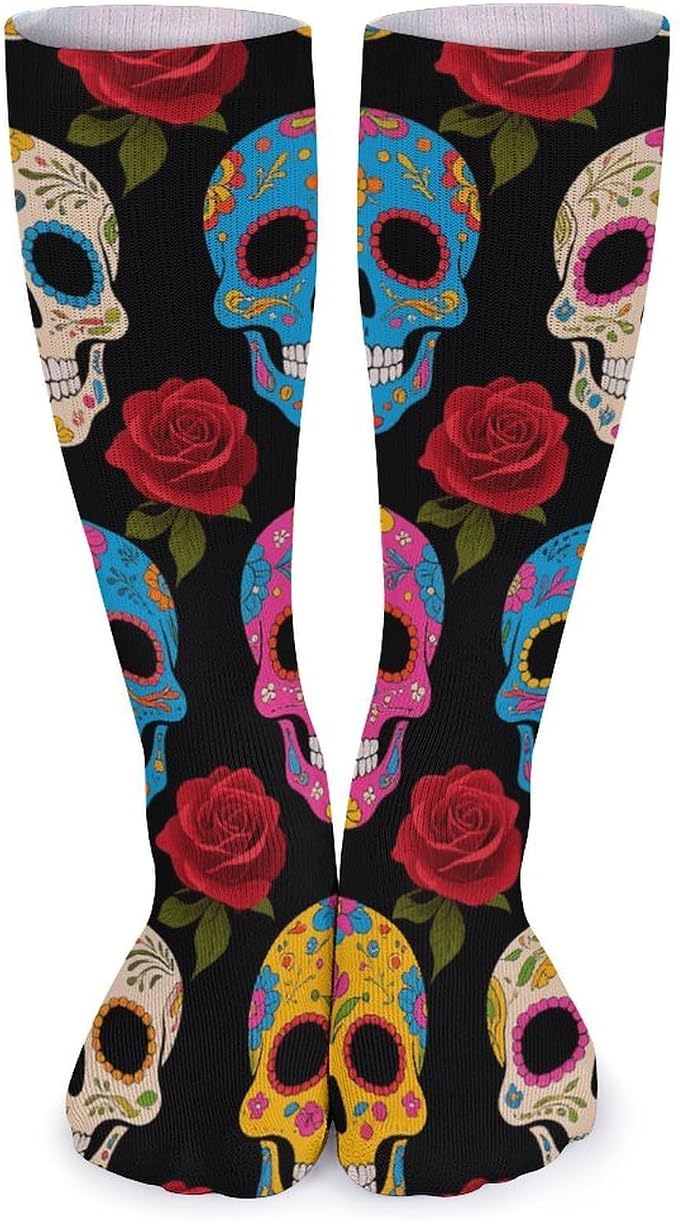 Sugar Skulls Over The Calf Socks for Women, 15.7 Inch Breathable Boot Socks with Non-Slip Fit, Lightweight Compression Socks for Office, Home, Gifts - sugar skull costume