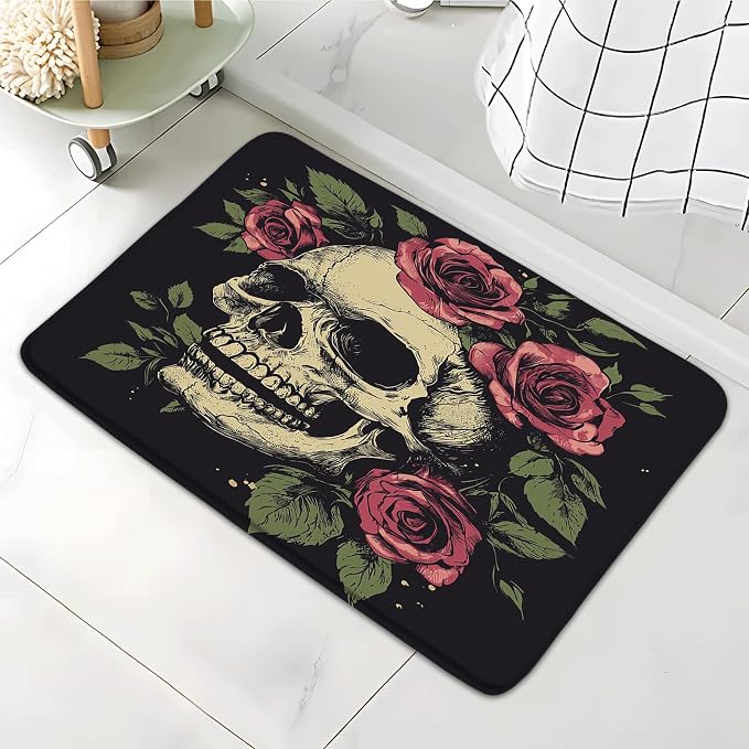 Soft Bath Mats Skull and Rose Flowers Valentine's Day Red Floral Day of The Dead Absorbent Non-Slip Halloween Bathroom Rugs for Shower Kitchen Bedroom Indoor 16x24 Inches, Black - skull toilet mat