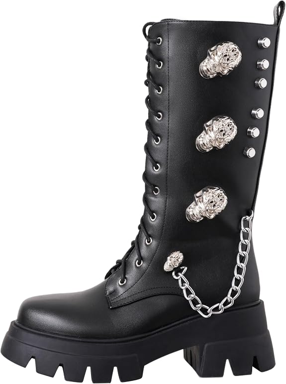 Mid Calf Combat Boots Women Skull Chain Side Zip