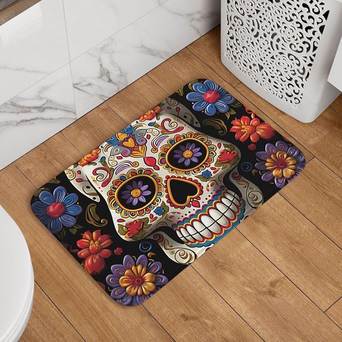 Flannel Welcome Mats Non-Slip Doormat Sugar Skulls Indoor Door Mat Entryway Floor Area Rug 16x24in for Living Room Kitchen Bathroom Entrance Gifts - skull floor mat
