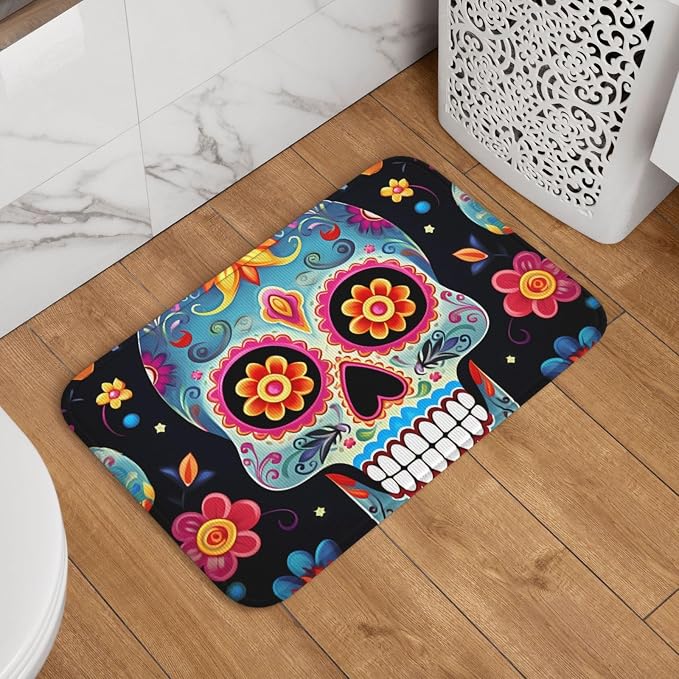 Flannel Welcome Mats Non-Slip Doormat Sugar Skulls Indoor Door Mat Entryway Floor Area Rug 16x24in for Living Room Kitchen Bathroom Entrance Gifts - skull toilet mat