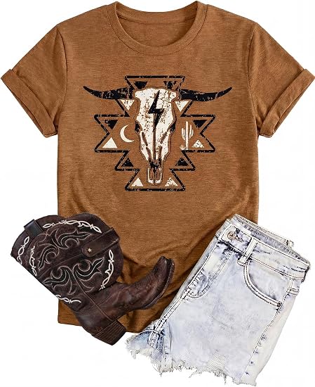 Western Shirts for Women Cow Skull Country Concert Graphic Tees - skull tshirt