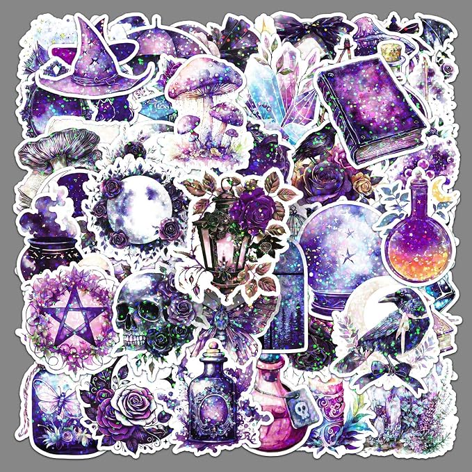 50PCS Holographic Gothic Stickers - Purple Witch & Cat Vinyl Decals for Journal, Laptop, Phone Case, Scrapbooking Supplies, Gothic Aesthetic for Teens & Adults - skull sticker