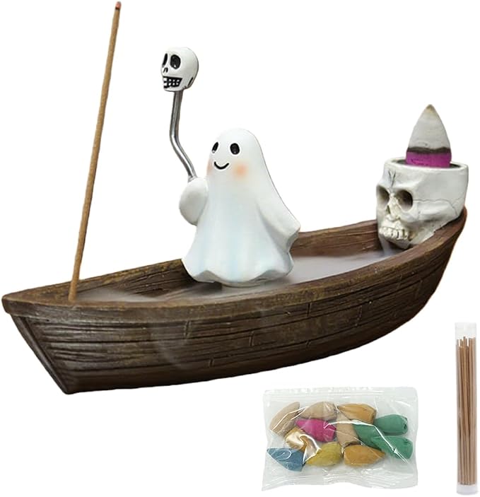 Ghost Incense Holder for Sticks Skeleton Ship Halloween Incense Cone Burner, Incense Stick Burner, Resin Cute Incense Holder, Gothic Incense Stick Burner, Yoga Meditation Aromatherapy Decor (Ghost) - skull incense burner