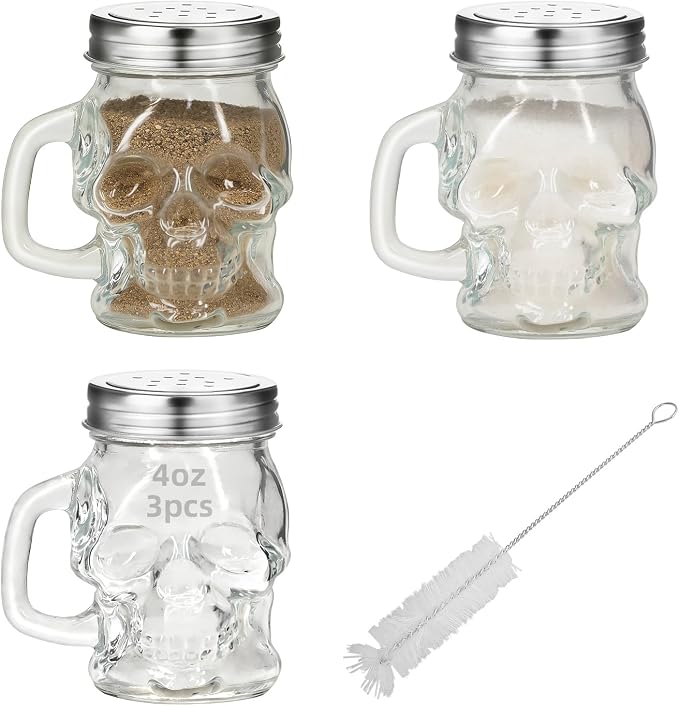 3pcs 3D Skull Design 4 oz Glass Spice Bottle with Handle, Salt Pepper Shaker, Clear Seasoning Jar with Stainless Steel Lid, Multipurpose Condiment Shaker for Kitchen Table (CLEAR)