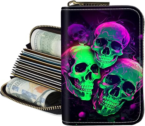 Credit Card Holder for Women,RFID Blocking Zipper Accordion Wallet - skull wallet