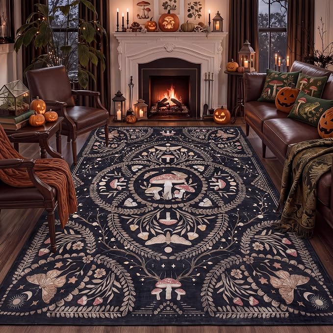 Garvee Mushroom 5×7 Area Rugs for Living Room, Washable Gothic Rug Black