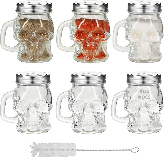 6pcs 3D Skull Design 4 oz Glass Spice Bottle with Handle, Salt Pepper Shaker, Clear Seasoning Jar with Stainless Steel Lid, Multipurpose Condiment Shaker for Kitchen Table (CLEAR) - skull bottle