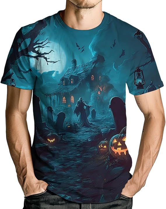 Halloween Pumpkin Skull T-Shirt Men Spooky Bats Shirt Unisex Shirts - skull tshirt