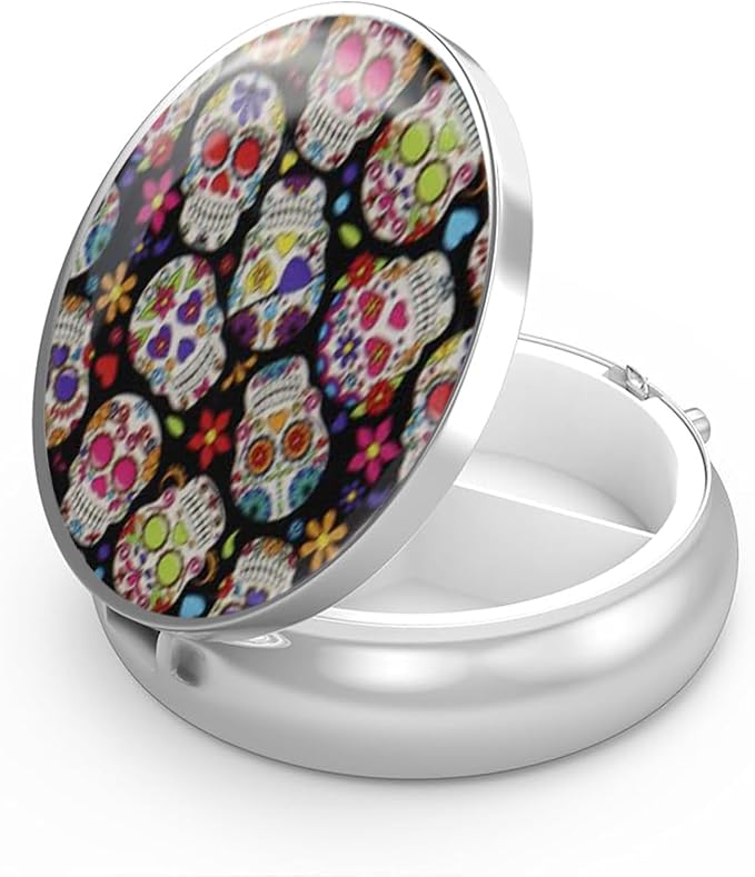 WATASSA Round Pill Box with Mirror - Colorful Sugar Skull & Floral Day of the Dead Pattern Medicine Organizer, 3 Compartment Portable Travel Case for Daily Vitamins, Gothic Pop Art Style Design - sugar skull makeup