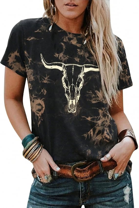 UNIQUEONE Western Cowgirl Shirts for Women Rodeo Cow Print Shirt - skull tshirt
