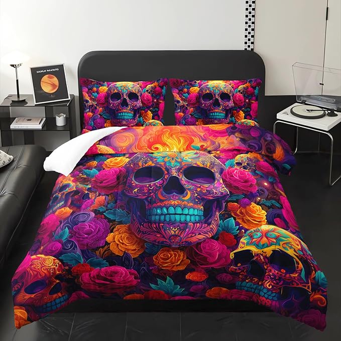 Skeleton Skull Bone Fire Comforter 3Pcs Twin for Kid Teen Girl Boy Adult