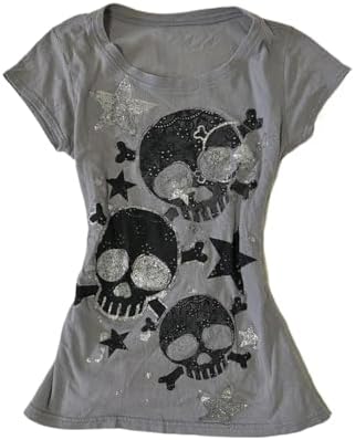 Y2K Grunge T-Shirt Vintage Skull Star Graphic Baby Tee Alt Punk Short Sleeve Crop Top 90s Harajuku Emo Streetwear - skull tshirt