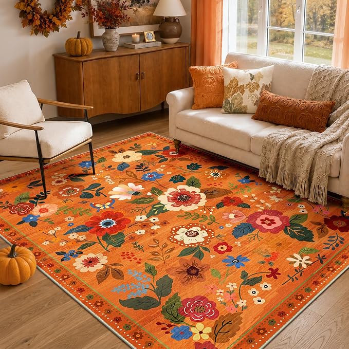 RELEANY Floral Washable 5x7 Area Rugs BurntOrange - skull carpet