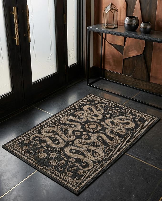 Black Snake Gothic Small Rug 2x3 Washable Door Mat Indoor Rugs for Entryway Non-Slip Whimsical Moody Witchy Unique Soft Decor for Kitchen Bedroom Bathroom Low Pile Non-Slip TPE Backing - skull door mat