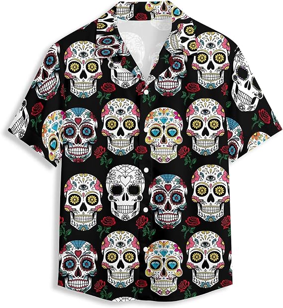 Mens Funny Hawaiian Shirts 3D Graphic Button Down Short Sleeve Tropical Holiday Beach Aloha Shirt - skull tshirt